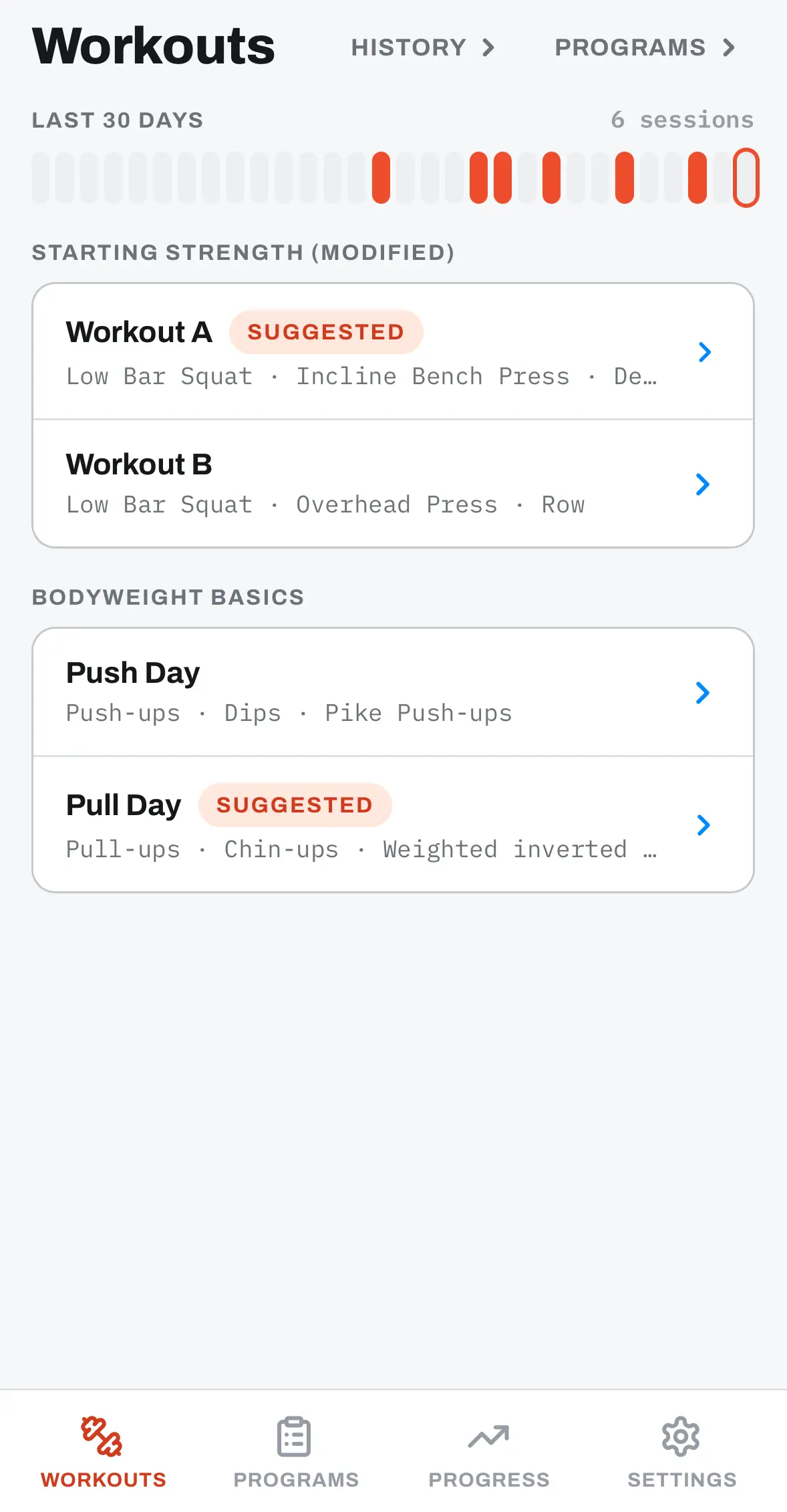 Strength workout tracker screenshot